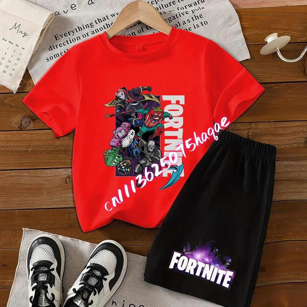 Summer FortnitesT-shirt Shorts for Boys Girl Tee Pants Set 2pcs Children Clothing Tops T-shirts Fortress Night Print Tees Gift