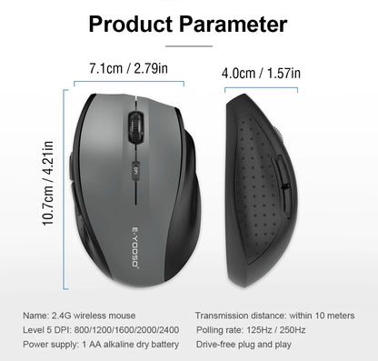 E-YOOSO E-1010 Ratón gaming inalámbrico USB 2.4G, óptico 2400 DPI, ergonómico para oficina, portátil y PC