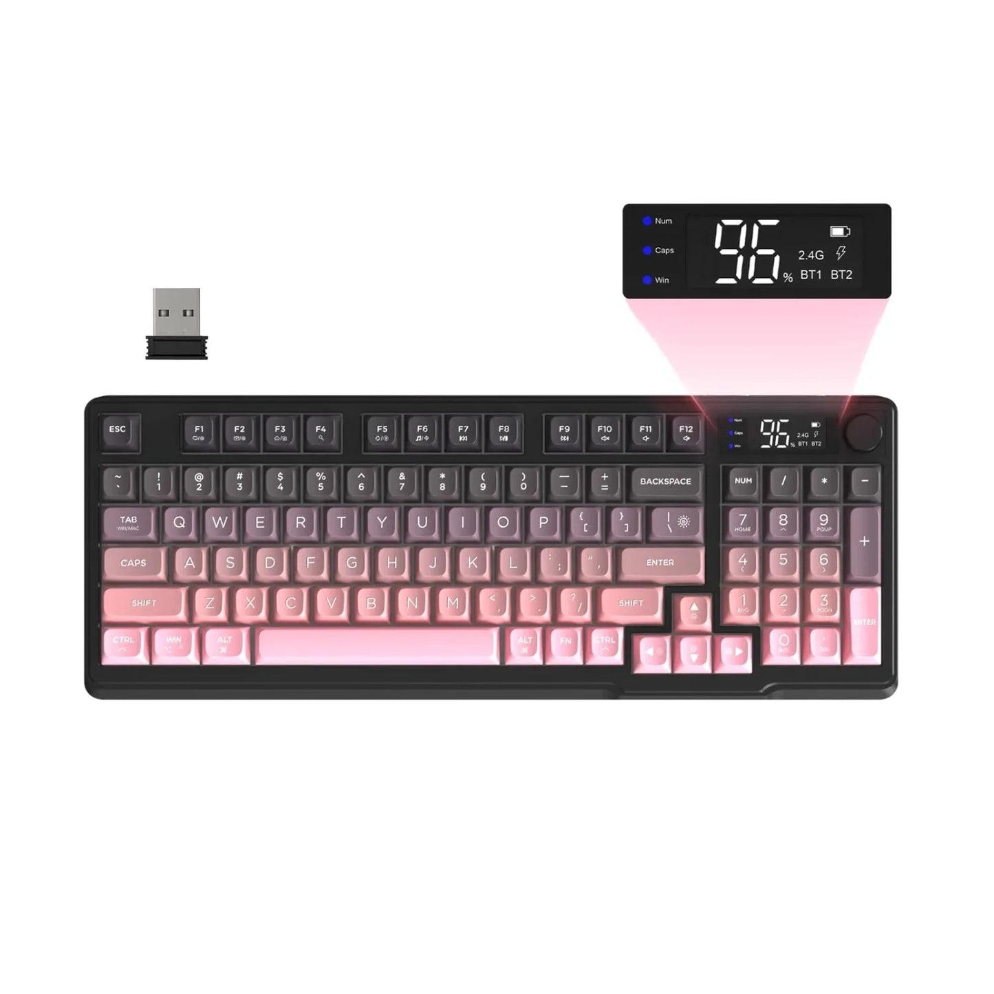 FREEWOLF M96 Wireless Keyboard Knob Control BT/2.4g/Wired, RGB LED Backlight Display, PBT Keycap, 3000mA Battery for PC/Laptop