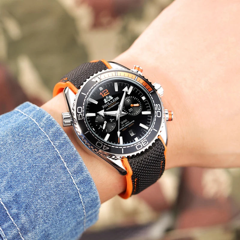 PAULAREIS P Relógio mecânico automático de luxo para homem com corda automática, bracelete em borracha, impermeável, luminoso, com data, relógio de moda masculino