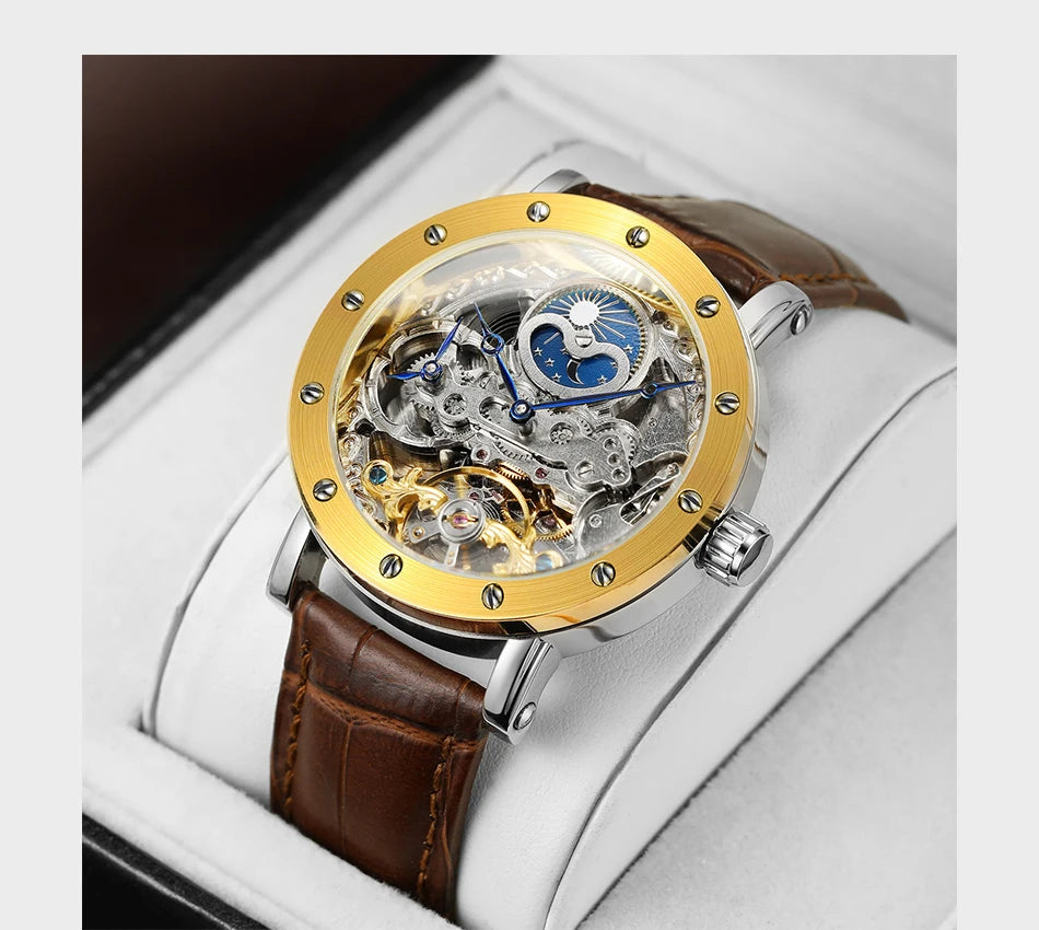 SKROX automata mechanikus férfi karóra, szkeleton modell GMT funkcióval, holdfázis-kijelzővel és tourbillon-nal – Elegáns és eredeti, csúcsminőségű luxusóra.