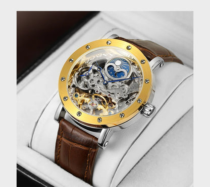 SKROX automata mechanikus férfi karóra, szkeleton modell GMT funkcióval, holdfázis-kijelzővel és tourbillon-nal – Elegáns és eredeti, csúcsminőségű luxusóra.