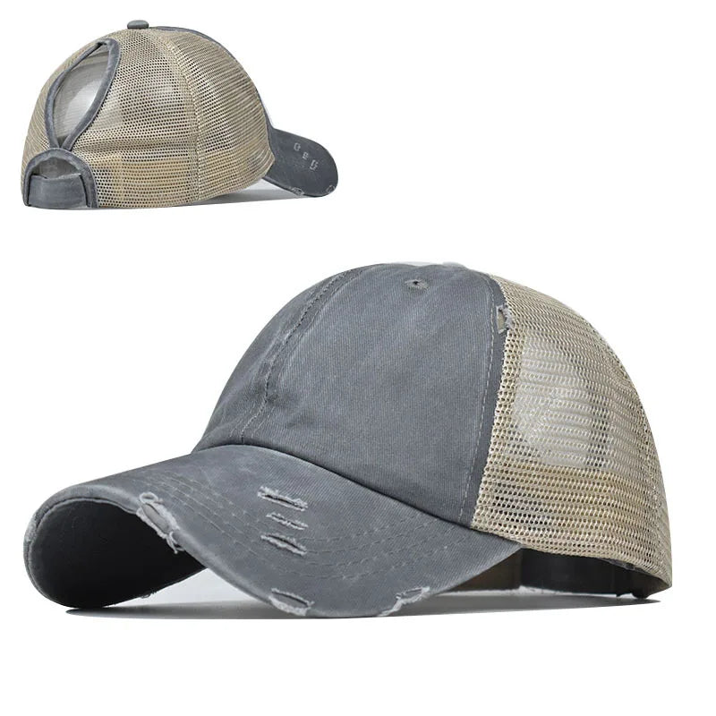 1pc Vintage Ponytail Mesh Baseball Cap,Adjustable Outdoor Sun Protection Washed Distress Trucker Hat,Suitable for Spring/Autumn