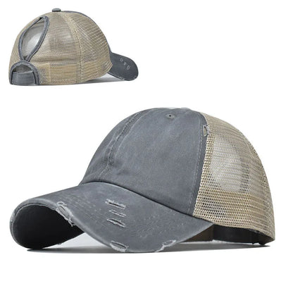 1pc Vintage Ponytail Mesh Baseball Cap,Adjustable Outdoor Sun Protection Washed Distress Trucker Hat,Suitable for Spring/Autumn