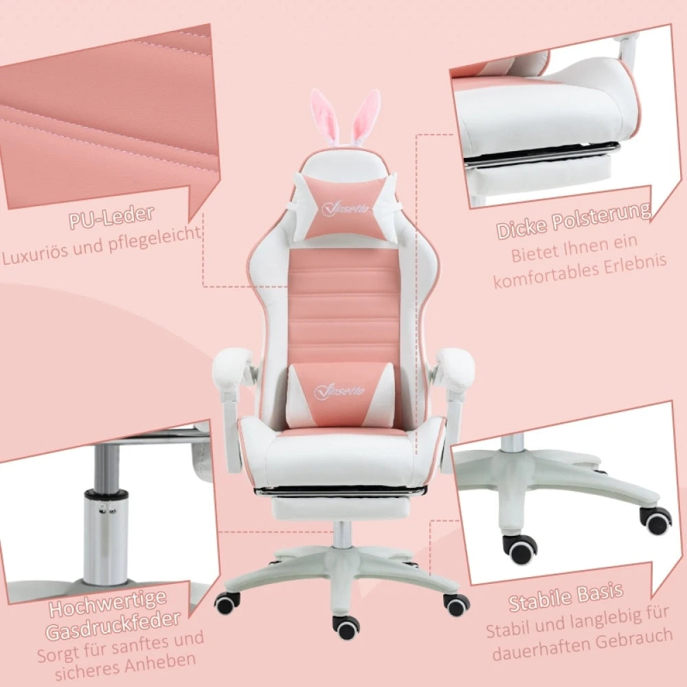 Ergonomic Gaming Chair, Reclinable Gamer Chair 135°, Footrest, Lumbar Cushion and Headrest, Adjustable Height, Pink