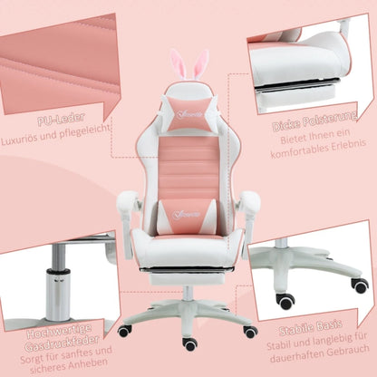 Ergonomic Gaming Chair, Reclinable Gamer Chair 135°, Footrest, Lumbar Cushion and Headrest, Adjustable Height, Pink