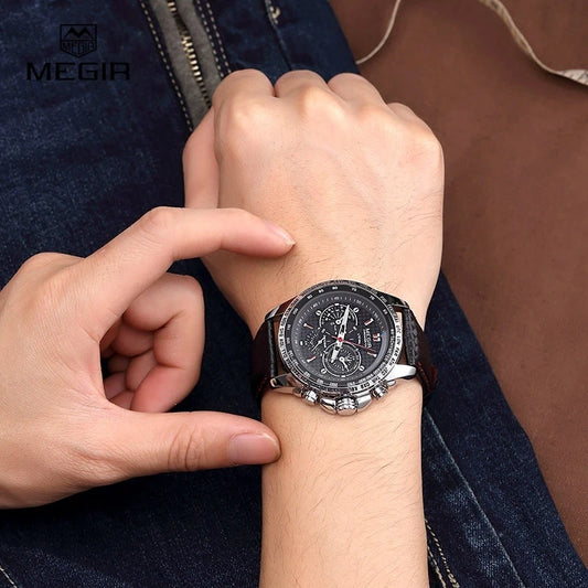 Montre-bracelet analogique à quartz pour homme MEGIR – Montre de luxe étanche avec bracelet en cuir, style décontracté, modèle 1010 (noir)