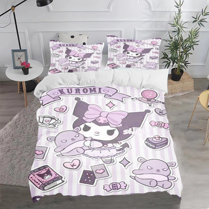 Conjunto de Capa de Edredão e Fronha Kuromi Fofo para Cama, Decoração de Quarto para Adulto, Rapaz e Rapariga, Presente para Crianças, Tamanho Individual, Duplo e Grande