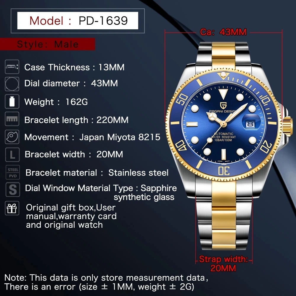 New PAGANI DESIGN Diving Automatic Mechanical Watch Luxury Sports Waterproof Watch Stainless Steel Sapphire Luminous Watch for Men