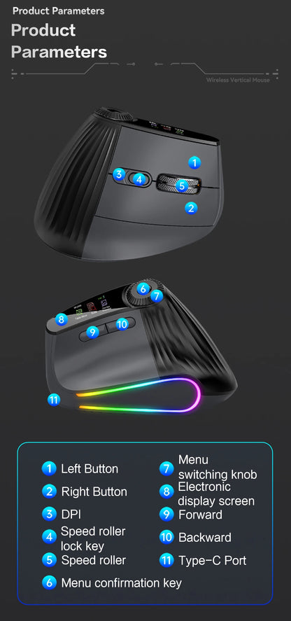 Jomaa RGB podświetlana bezprzewodowa pionowa mysz Speed Roller z pokrętłem regulacji funkcji, Bluetooth USB, ergonomiczna, ciche kliknięcie