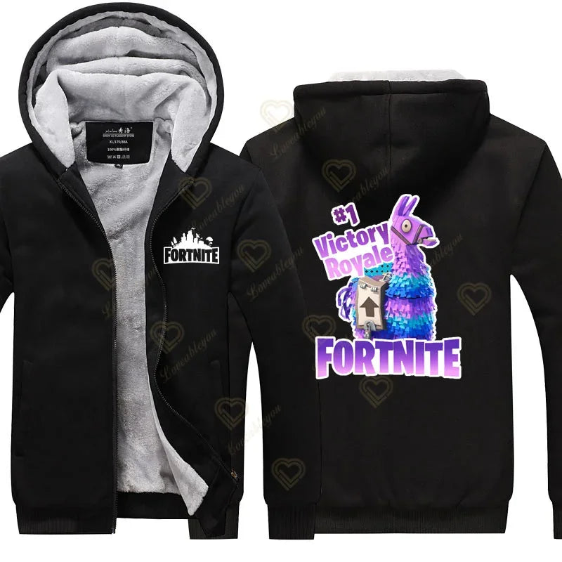 Hanorace luminescente „Winter Warm Fortnite” pentru bărbați și femei, hanorace de joc și cosplay, din fleece gros, cu fermoar, jachete și paltoane pentru cupluri