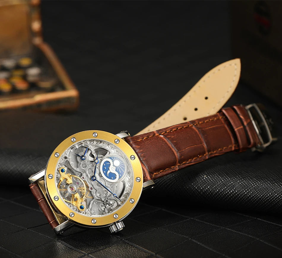 SKROX automata mechanikus férfi karóra, szkeleton modell GMT funkcióval, holdfázis-kijelzővel és tourbillon-nal – Elegáns és eredeti, csúcsminőségű luxusóra.