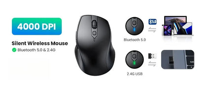 Langaton Bluetooth 5.0 2.4G -hiiri, ergonominen, 4000DPI, 6 hiljaista painiketta, MacBookille, tableteille, kannettaville tietokoneille ja PC:lle