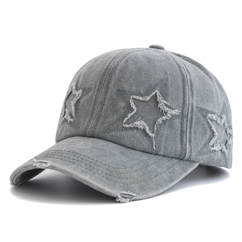Damska czapka baseballowa z wyblakłą bawełną i motywem pięcioramiennej gwiazdy – modna czapka typu „dad hat” w stylu ulicznym