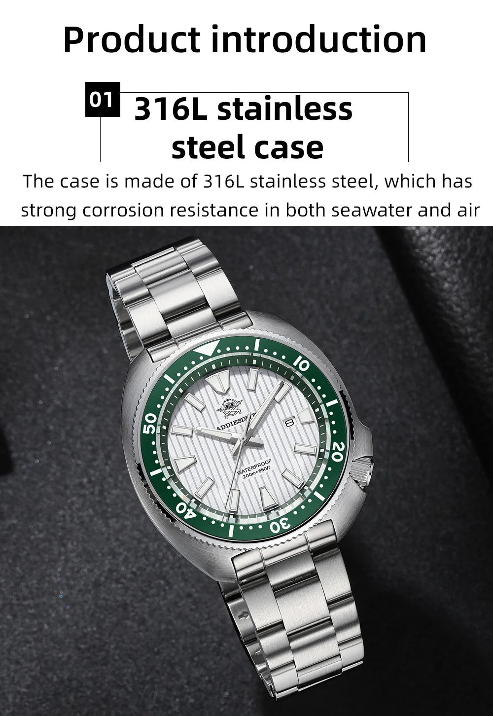 ADDIESDIVE Men's Diving Watch 200 Waterproof Sapphire Glass Quartz Watch BGW9 Luminous Stainless Steel Business Fashion Watch