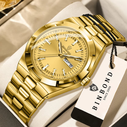 BINBOND kvartsure i rustfrit stål til mænd – Luksusur, vandtæt og selvlysende – Originalt model til mænd
