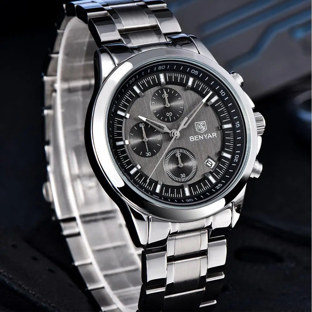 BENYAR 2024 New 40MM Men's Quartz Watch 50M Waterproof Automatic Diving Watch Luxury Fashion Men's Stainless Steel Watch