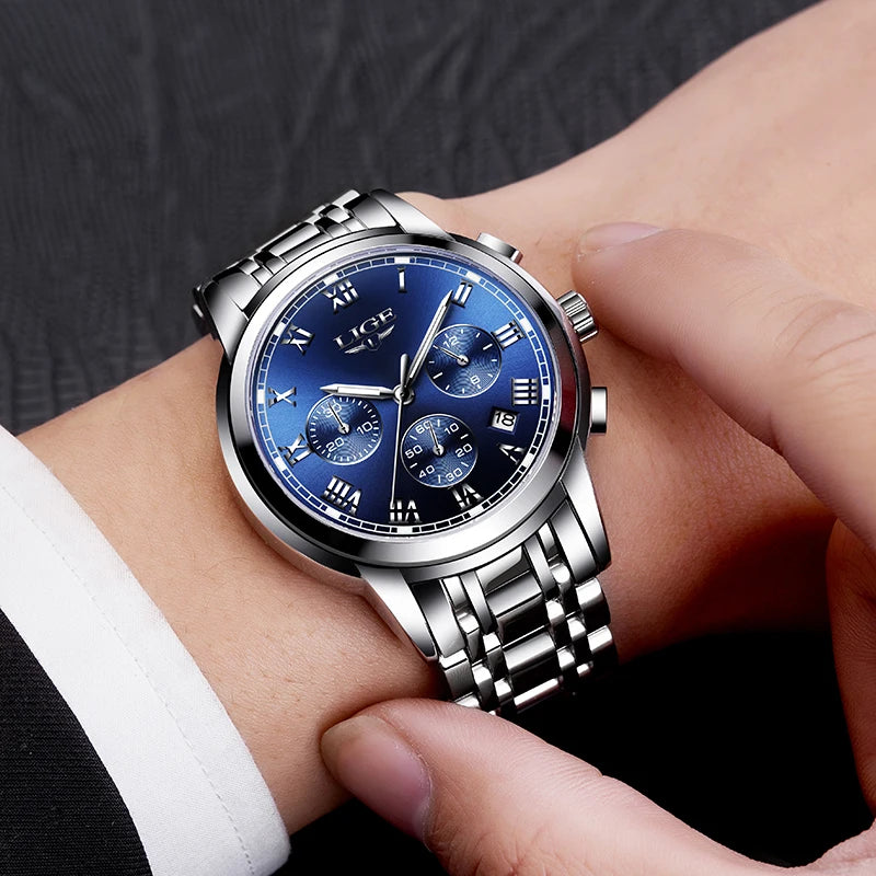Pánske hodinky LIGE – luxusný chronograf, ležérny športový štýl, vodotesné, celokovové, quartzový strojček