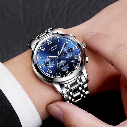 Pánske hodinky LIGE – luxusný chronograf, ležérny športový štýl, vodotesné, celokovové, quartzový strojček