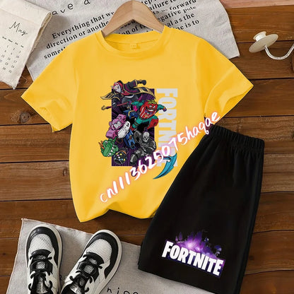 Summer FortnitesT-shirt Shorts for Boys Girl Tee Pants Set 2pcs Children Clothing Tops T-shirts Fortress Night Print Tees Gift