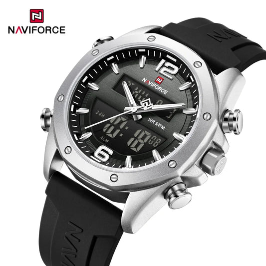 NAVIFORCE Men Quartz LCD Dual Display Watch With Silicone Strap 3ATM Waterproof Shockproof Night Light Round Case Sport Casual