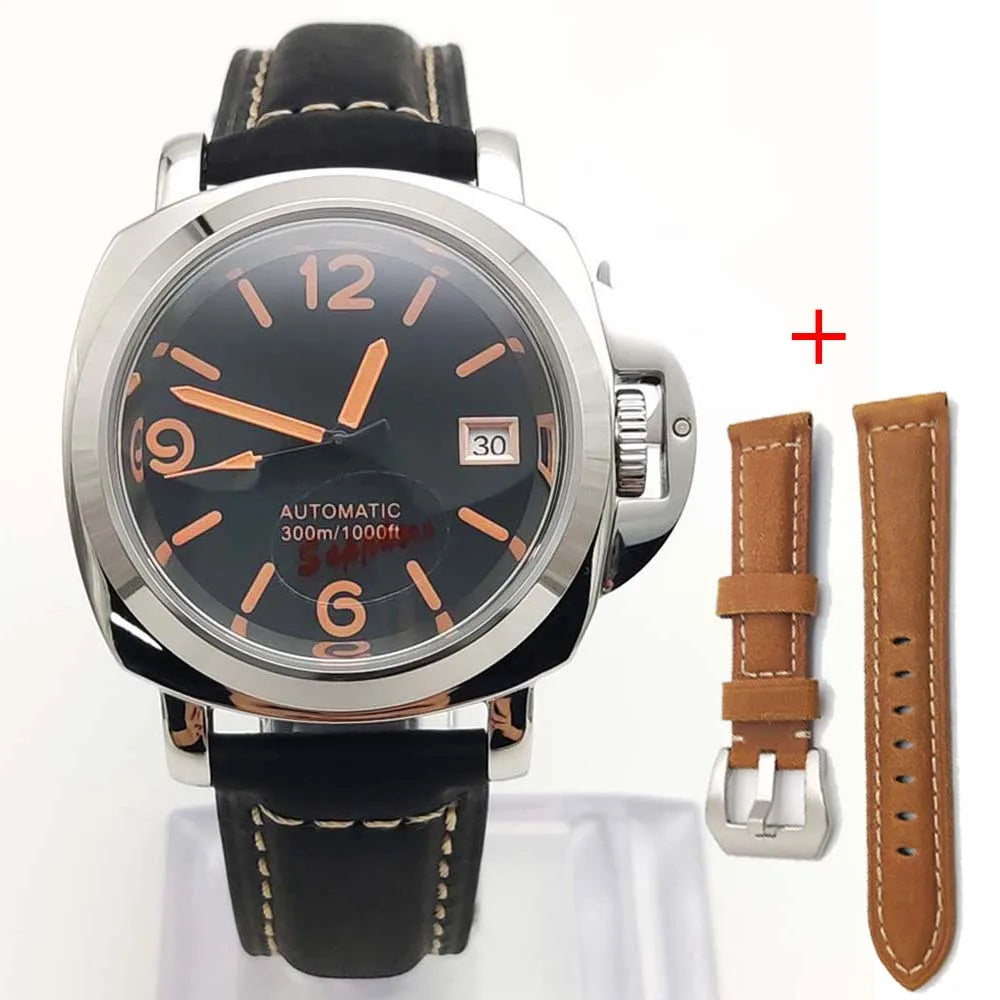 Parnsrpe Men's Automatic Mechanical NH35 Watch Polished Case Sapphire Glass Leather Strap 40mm Men's Watch