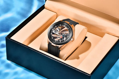 Herrenuhr von PAGANI DESIGN – Mechanisches Luxusuhrwerk mit Automatikaufzug, „Skelett“-Ausführung (mit offenem Herz), ausgestattet mit einem Tourbillon, Saphirglas mit Antireflexbeschichtung, wasserdicht und leuchtend.