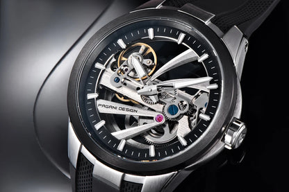 Herrenuhr von PAGANI DESIGN – Mechanisches Luxusuhrwerk mit Automatikaufzug, „Skelett“-Ausführung (mit offenem Herz), ausgestattet mit einem Tourbillon, Saphirglas mit Antireflexbeschichtung, wasserdicht und leuchtend.