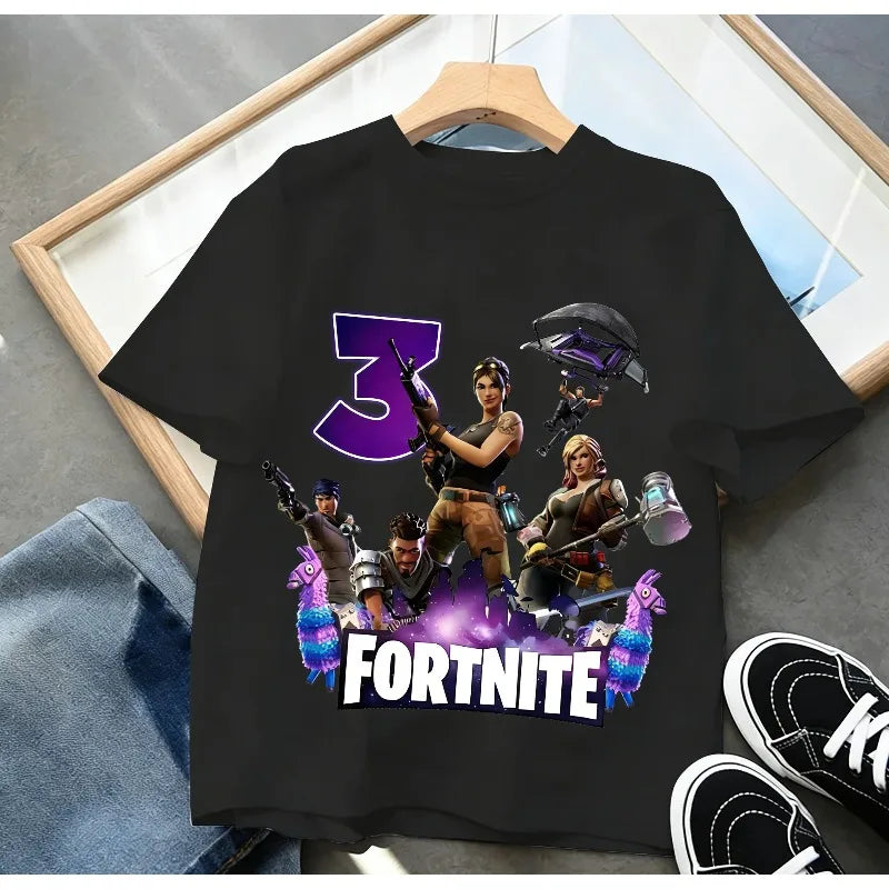 Dziecięca koszulka urodzinowa Fortnites z numerem dla dziewczynek i chłopców, letnia bawełniana koszulka dla niemowląt, imprezowy top z krótkim rękawem, prezent dla malucha