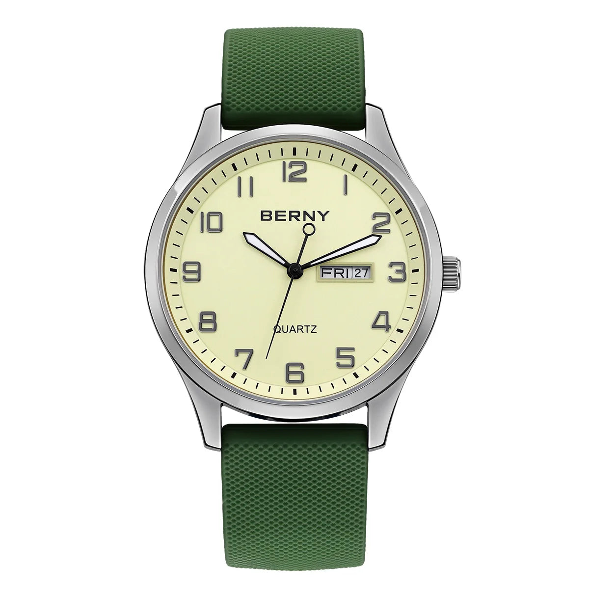 BERNY Men's Watches Luminous Calendar Week Quartz Men Watch Casual Soft Silicone Strap Easy Read Big Dial Sports Wristwatch