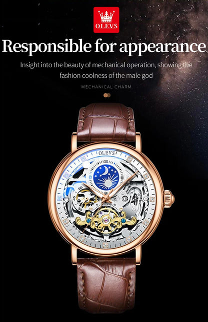 OLEVS Skeleton Watches Mechanical Automatic Watch Men Tourbillon Sport Clock Casual Business Moon Wrist Watch Relojes Hombre