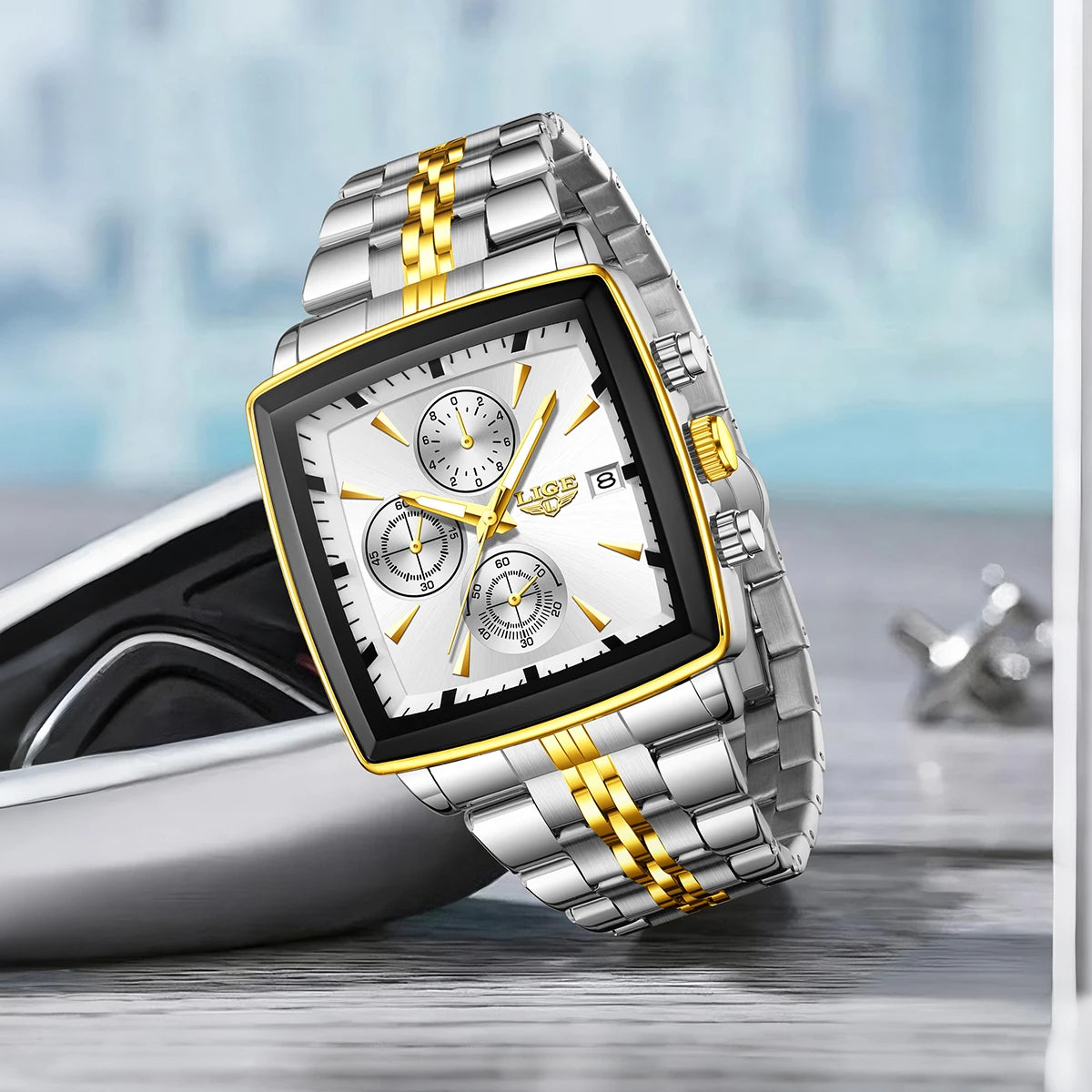 LIGE luxe herenhorloges, vierkant model, klassieke en trendy stijl, van roestvrij staal, waterdicht, sportief en casual, met quartz uurwerk.