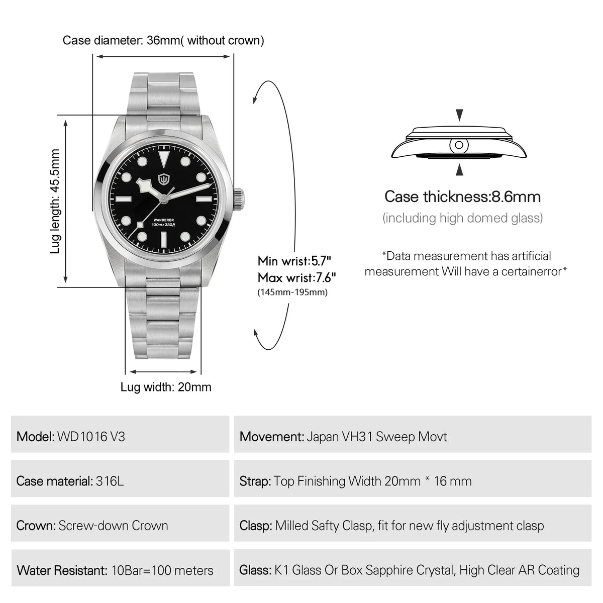 Watchdives WD1016 V3 Watch 37mm VH31 Sweep Quartz Movemet Stainless Steel Watch Waterproof Luminous Sapphire Men Wristwatch