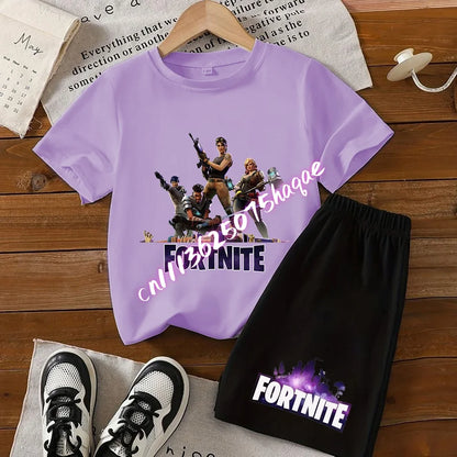 Summer T-shirts 2 pieces Fortnite children's cotton short-sleeved set with cartoon prints, boys' sports shirt, casual top, gift