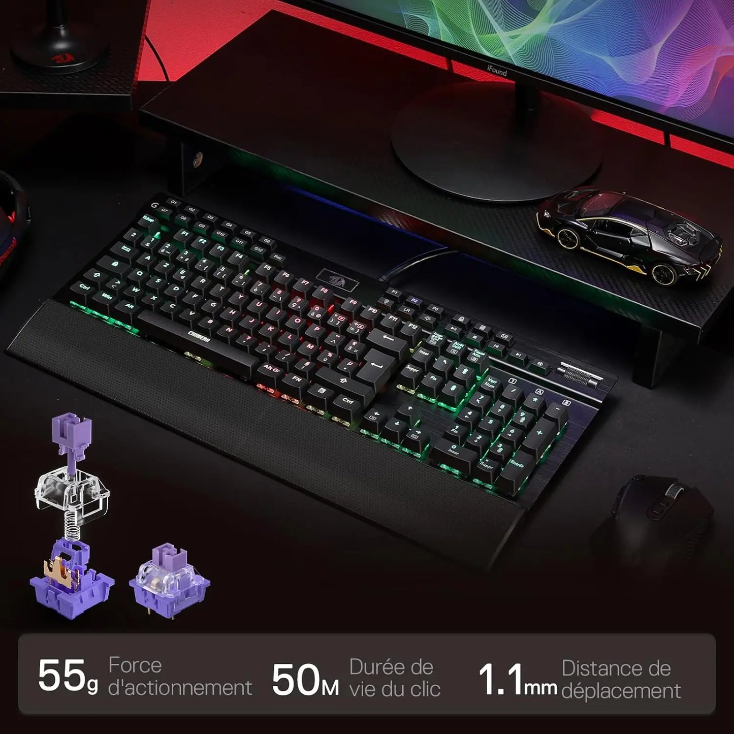 Redragon K550 RGB AZERTY Gaming Keyboard, 104 Keys + 12 Macro Keys, Wired Mechanical Keyboard, Aluminum Top Plate, Clicky Purple Switches, 2 USB Ports, Wrist Rest, Black
