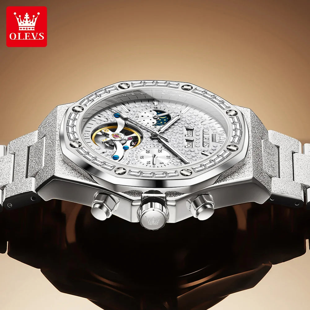 OLEVS 9805 Skeleton Automatic Man Watch Luxury Fashion Matte Texture Full Diamond Moon Phase Waterproof Mechanical Wristwatches