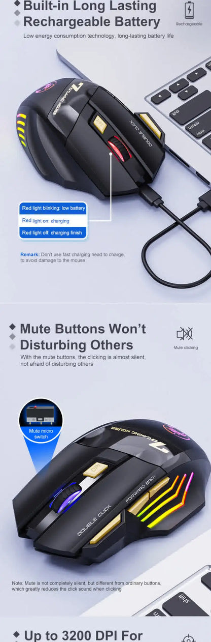Belaidė Bluetooth pelė, įkraunama kompiuterinė pelė žaidėjams, ergonominė gaming pelė su RGB apšvietimu, tyli pelė PC kompiuteriui