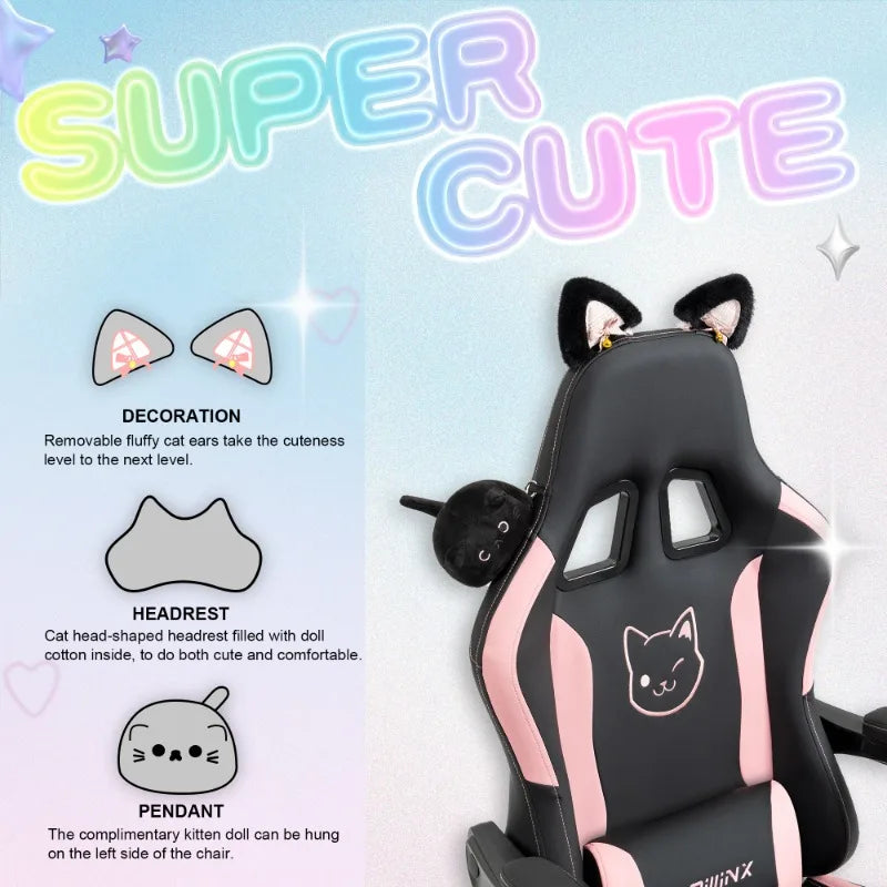 Сладък гейминг стол с котешки ушички и поставка за крака, розов Kawaii компютърен стол, ергономична геймърска седалка с висок гръб и лумбална опора с котешка лапичка