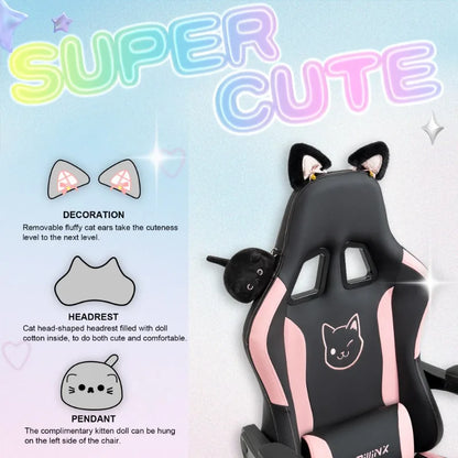 Сладък гейминг стол с котешки ушички и поставка за крака, розов Kawaii компютърен стол, ергономична геймърска седалка с висок гръб и лумбална опора с котешка лапичка