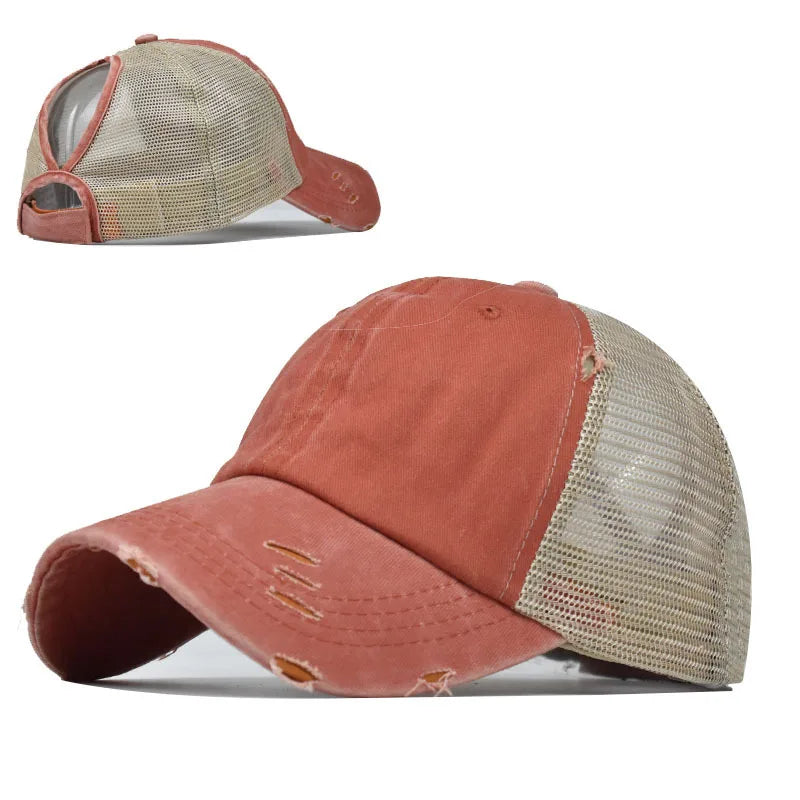 1pc Vintage Ponytail Mesh Baseball Cap,Adjustable Outdoor Sun Protection Washed Distress Trucker Hat,Suitable for Spring/Autumn