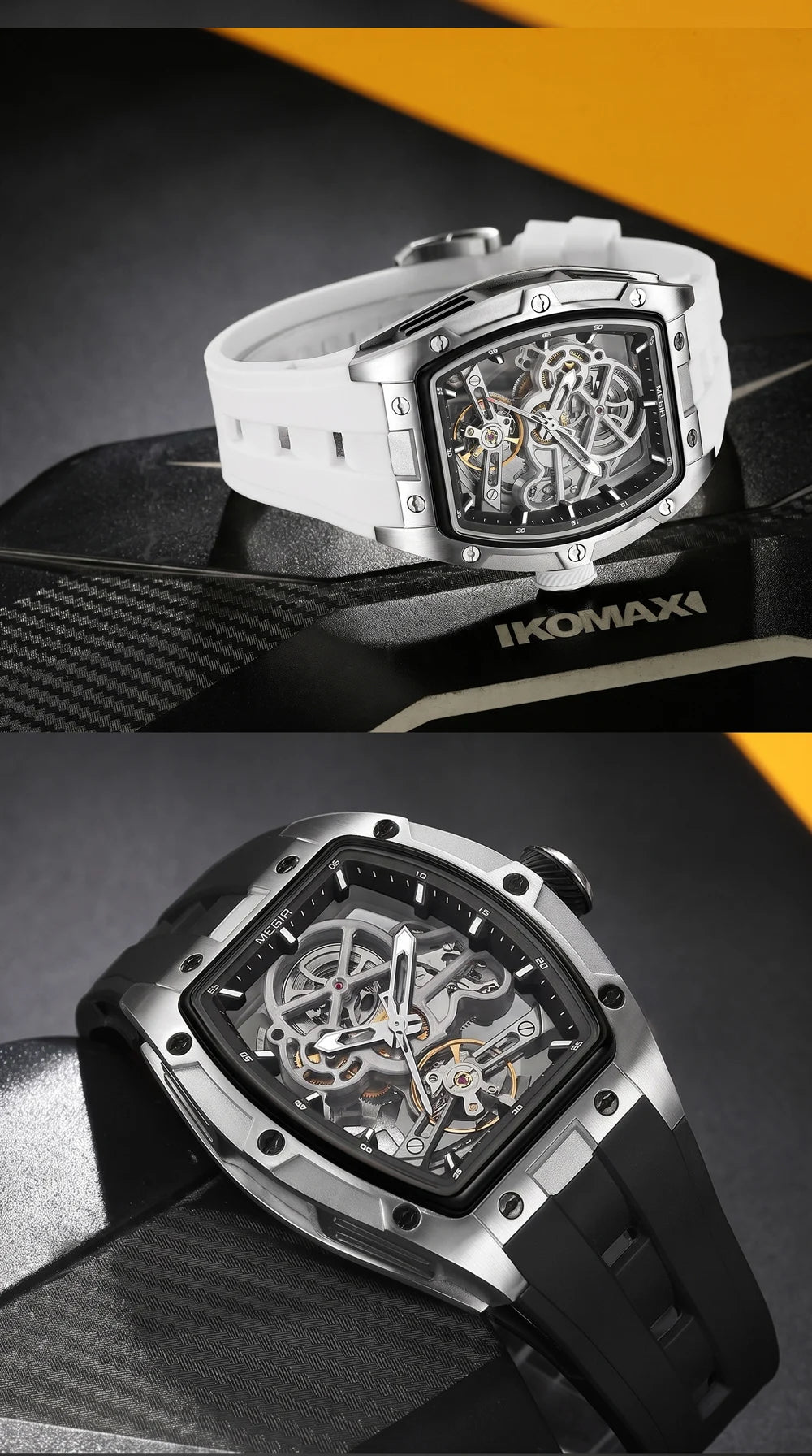 MEGIR mekanisk herreur, tonneau-form, skeletteret urskive med åbninger, sporty stil, silikonearmbånd, luksuriøst automatisk ur