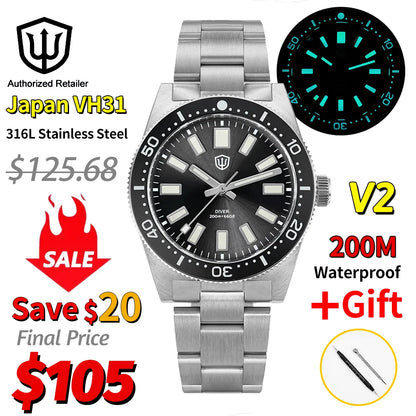 Watchdives Wd1965 V2 Fashion Quartz Wristwatches Vh31 Sapphire Man Watches Luxury Stainless Steel 200M Waterproof Diver Watch