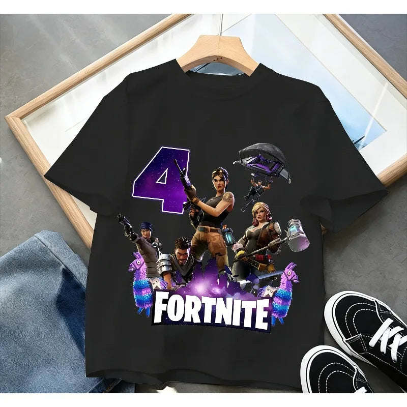 Dziecięca koszulka urodzinowa Fortnites z numerem dla dziewczynek i chłopców, letnia bawełniana koszulka dla niemowląt, imprezowy top z krótkim rękawem, prezent dla malucha