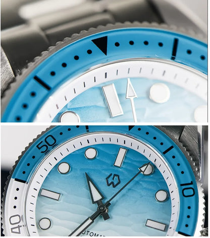 WISHDOIT Automatische Taucheruhr für Herren mit ozeanblauem und weißem Wellenschliff-Zifferblatt, 8215-Uhrwerk und Saphirglasablytyped