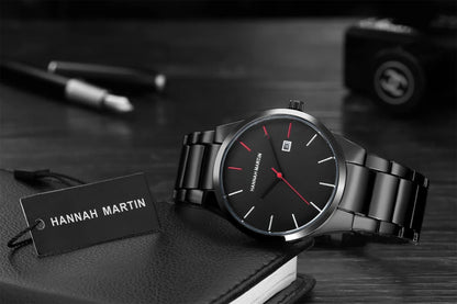 Hannah Martin -miestenkello, ruostumattomasta teräksestä valmistettu kotelo, kvartsikoneisto, 41 mm:n kellotaulu, ammattimainen tyyli, kalenterinäyttö (jäljitelmä)