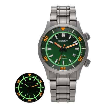 BERNY Automatic Full Titanium Diver Watch For Men Supper Luminous Sappire AR Coated Miyota 8215 Dual Crown Mechanical Dive Watch