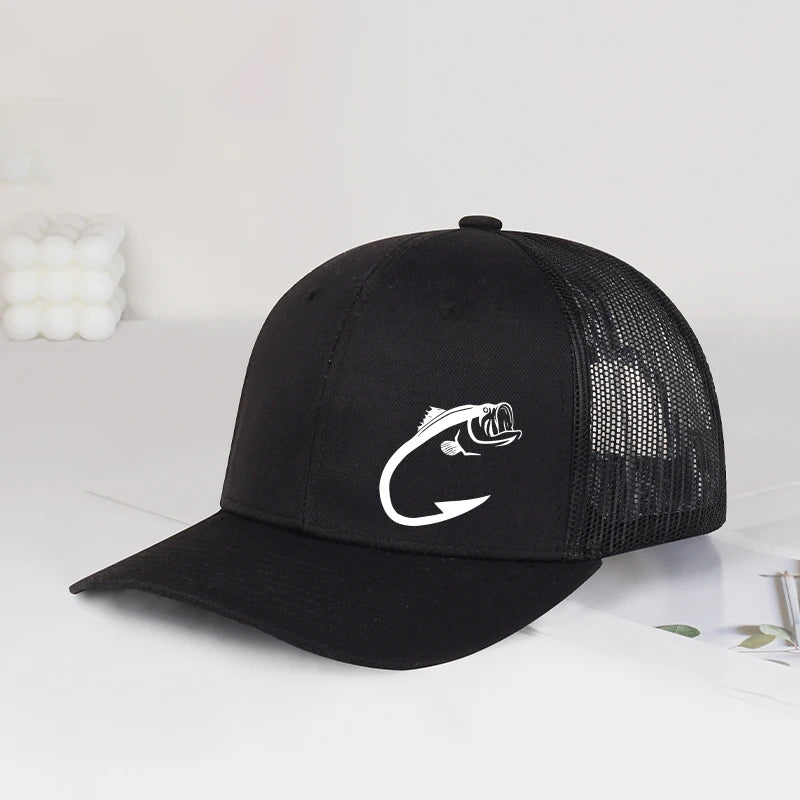 Trucker-Cap mit Bass-Fischhaken-Print, verstellbar, Unisex, Mesh, für Angelfans, Sonnenhut