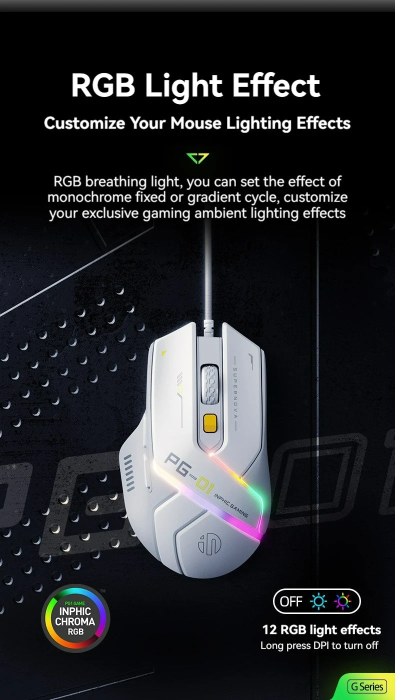 Ratón gaming con cable Inphic Pg1, iluminación RGB, programación de macros, 12800DPI, 6 botones, ratón para ordenador, tasa de sondeo de 1000hz