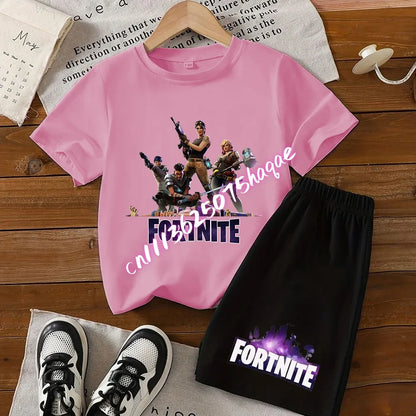 Summer T-shirts 2 pieces Fortnite children's cotton short-sleeved set with cartoon prints, boys' sports shirt, casual top, gift