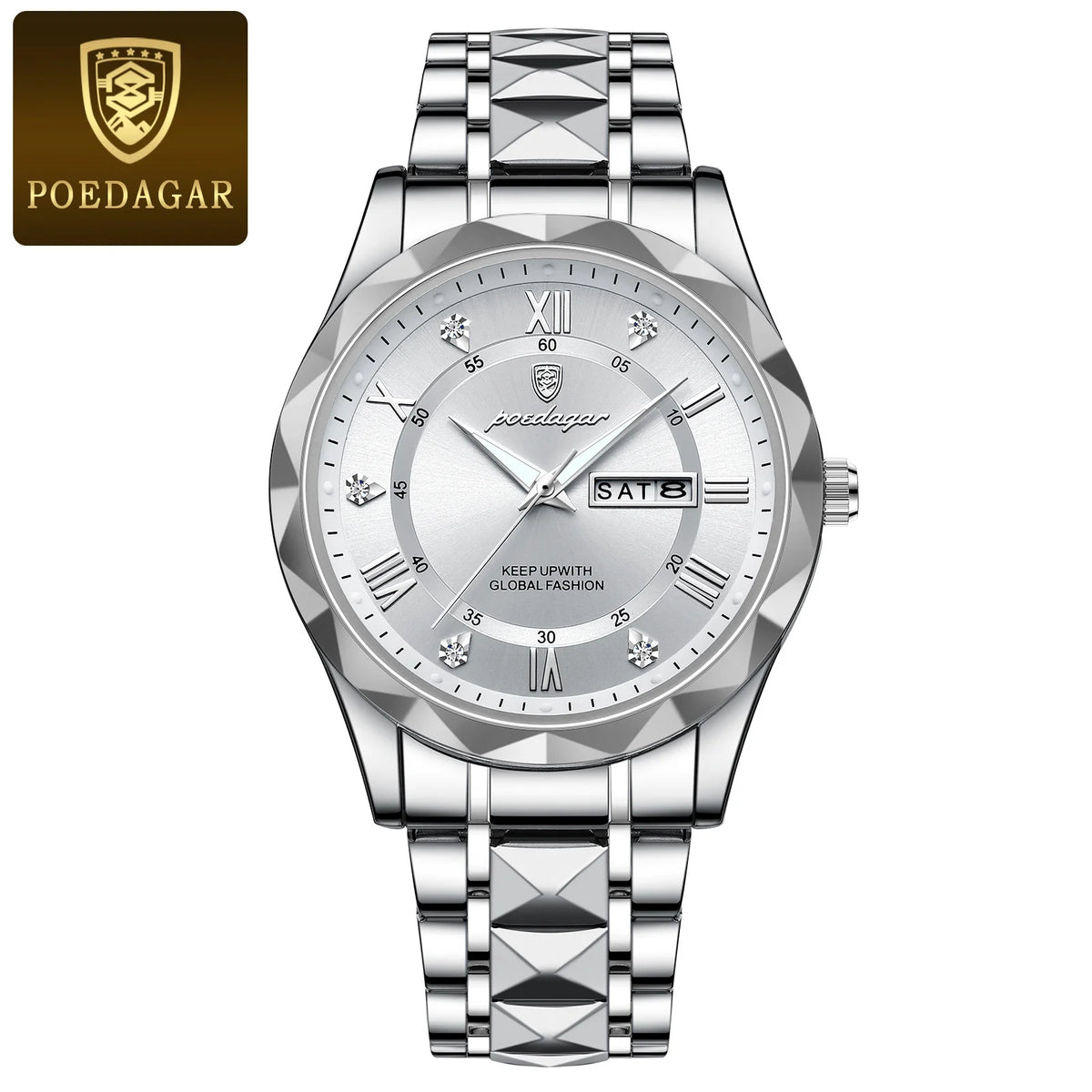 POEDAGAR Business Luxury Herrenuhr, wasserdicht, aus Edelstahl, beleuchtet, mit Datum und Wochentag, im Sport-Stil, mit Quarzwerk.
